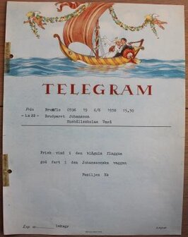 Oud brocante telegram bruidspaar in huwelijksbootje