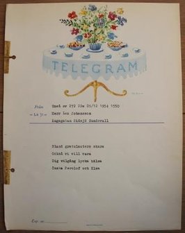 Oud brocante telegram feestelijke tafel 1954