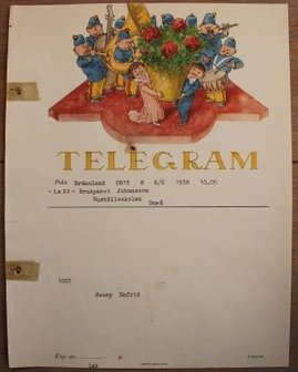 Oud brocante telegram fanfare en bloemenmand