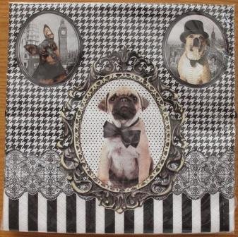 Brocante servetten barok honden zwart/wit streep/ruit