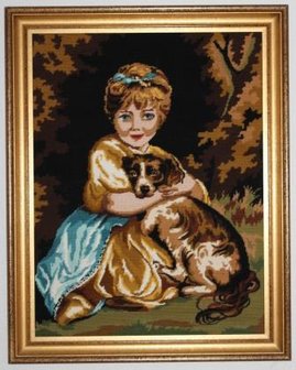 Groot Frans brocante borduurwerk meisje met hond