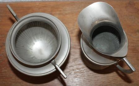 Oude brocante zilverkleurige suikerpot &amp; melkkan
