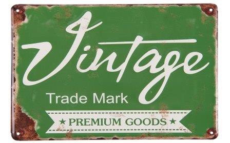 Brocante groen metalen wandbordje tekst Vintage Trade Mark