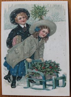Nostalgic Christmas postcard children sleigh in the snow, glitter