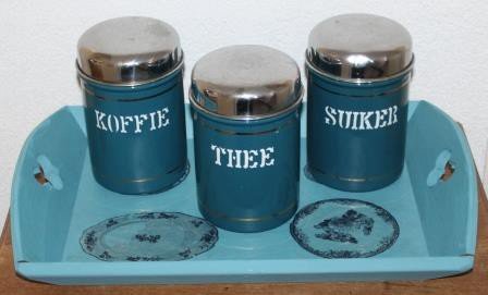 Brocante blauwe houten dienblad vintage kop & schotels