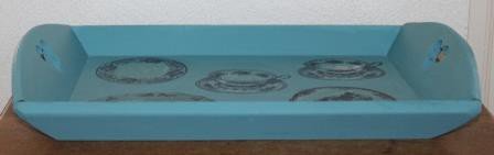 Brocante blauwe houten dienblad vintage kop &amp; schotels