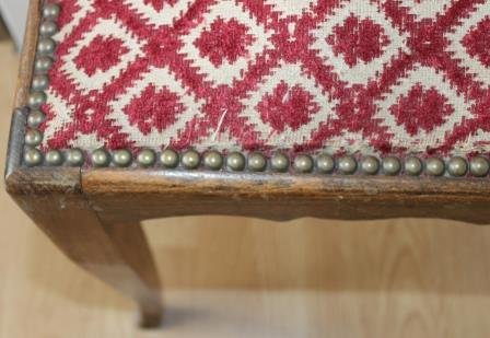 Large brocante wooden footstool, stool burgundy red fabric