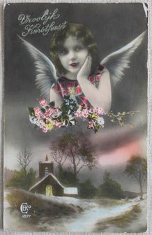 Antique vintage brocante Christmas postcard angel with church, colored