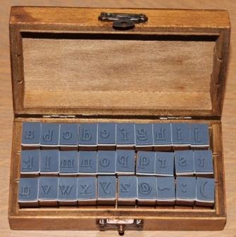 Stamp set Antique wooden box letters symbols alphabet