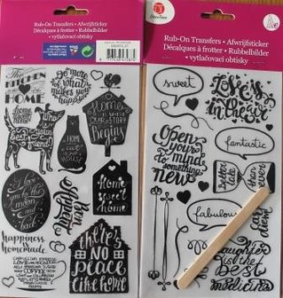 2 Sheets of rub-on transfers hand lettering text, animals, home