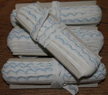 Vintage French lace ribbon, narrow, white &amp; blue, slightly elastic p.mtr.