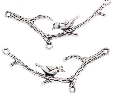 Old silver-colored insert, charm, branch with a bird