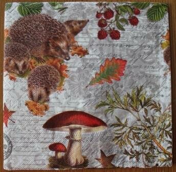 Paper napkins autumn hedgehogs, mushrooms, 4 pcs for decoupage
