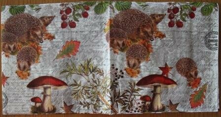 Paper napkins autumn hedgehogs, mushrooms, 4 pcs for decoupage