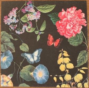 Paper napkins Victoria Garden Black, flowers &amp; butterflies, 4 pcs decoupage