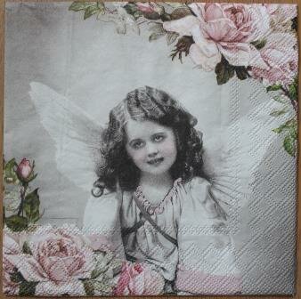 Paper napkins vintage angel en pink roses, 4 pcs decoupage