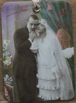 Label Romantic, vintage foto tag bruidspaar F