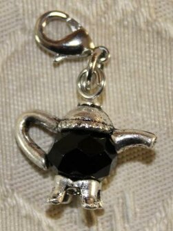 Charm, pendant teapot with black glass bead and clasp