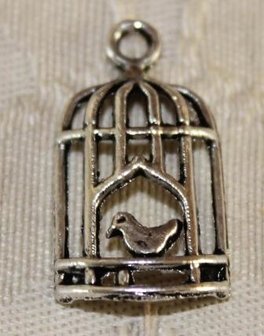 Charm, pendant bird cage with bird, silver-colored metal, convex
