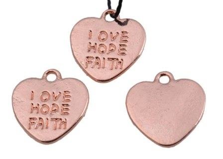 Bedeltje hartje Love Hope Faith, rosé goudkleurig metaal