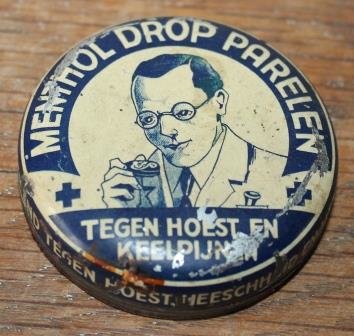 Vintage brocante pastilles blikje Menthol drop parelen blauwe