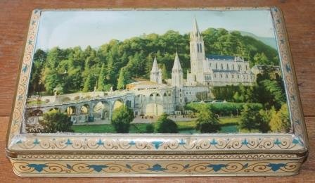 Old large vintage brocante biscuit tin Parein with church