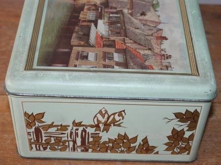 Large vintage brocante tin with key and lock mint green village
