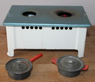 Vintage brocante toys children&#039;s stove kitchen with pans