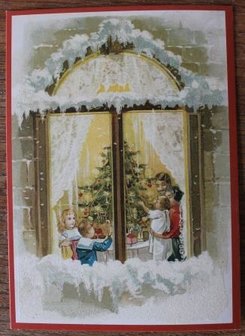 Vintage brocante kerstkaarten ansichtkaarten kindjes kerstboom raam glitters