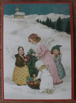 Vintage brocante kerstkaarten ansichtkaarten kindjes engeltje cadeautjes sneeuw glitters