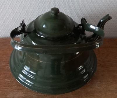 Oude vintage brocante donkergroene emaillen zakketel kachel enamel kettle 2