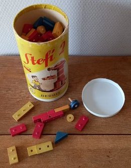 Oude vintage brocante bouwdoos koker Berbis Stefi 2 speelgoed toys wooden blocks