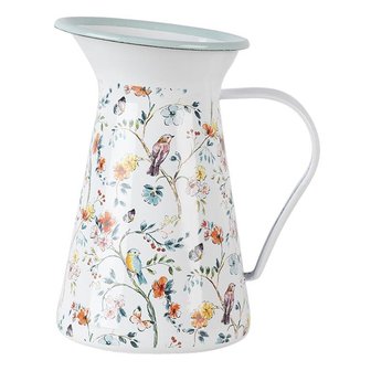 Schenkkan witte emaillen pastel bloemetjes vogels vlinders Clayre and Eef vintage brocante enamel pitcher jug