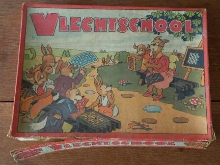 Oude vintage brocante spelletje Vlechtschool papieren stroken vlechten game weave paper strips 2