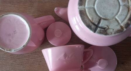 Roze oude vintage brocante Melitta koffiepotjes koffiefilterhouder pink coffee pots set 6