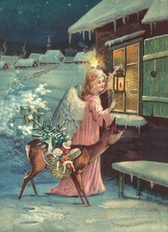 Vintage brocante reliefkaart kerstkaart engeltje hertje Christmas card angel deer