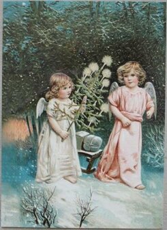 Vintage brocante kerstkaart reliëfkaart engeltjes kerstboom Christmas card angels tree EF 3048