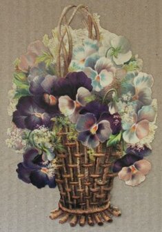 Groot vintage brocante poezieplaatjes poesieplaatje mandje viooltjes violen bloemen poetry picture violets XL