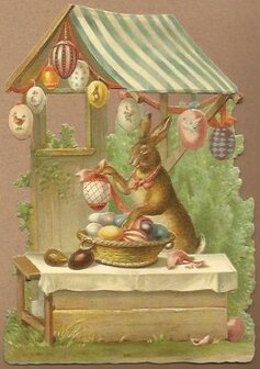 Groot vintage brocante poezieplaatjes poesieplaatje paashaas verkoopt paaseieren kraampje pasen poetry picture Easter bunny egg