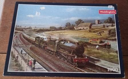 Oude vintage brocante kartonnen legpuzzel 1000 stukjes stoomtrein 1947 Waddingtons puzzle steam train