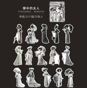 Vintage brocante stickers damesmode hoeden parasols zwarte witte sepia nostalgic ladies fashion Retro Characters
