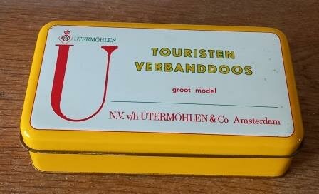 Oude vintage brocante blikje Utermohlen touristen verbanddoos groot model tin first aid kit