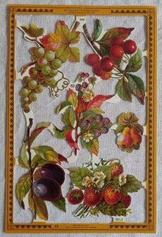 Nostalgische vintage brocante poezieplaatjes vruchten aardbeien kersen pruimen peren bramen druiven fruits poetry pictures