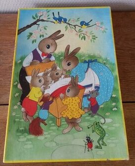 Oude vintage brocante houten legpuzzel konijnen pasen wooden jig saw 3 rabbits easter