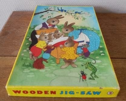 Oude vintage brocante houten legpuzzel konijnen pasen wooden jig saw 3 rabbits easter 2