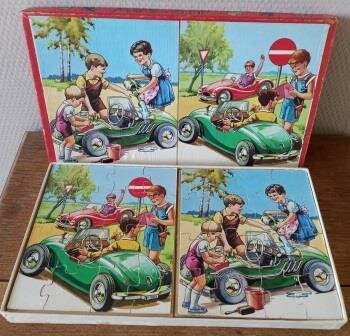 Oude vintage brocante houten legpuzzel kindjes autootjes wooden jig-saw puzzle kolibri children with cars 1