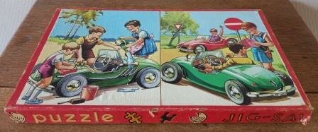 Oude vintage brocante houten legpuzzel kindjes autootjes wooden jig-saw puzzle kolibri children with cars 2