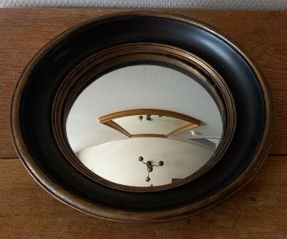 Vintage barok brocante zwarte gouden brons ronde bolle wandspiegel round convex mirror 3