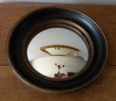 Vintage barok brocante zwarte gouden brons ronde bolle wandspiegel round convex mirror