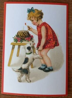 Nostalgische brocante ansichtkaarten vintage meisje verjaardagstaart hondje postcard girl birthday cake dog